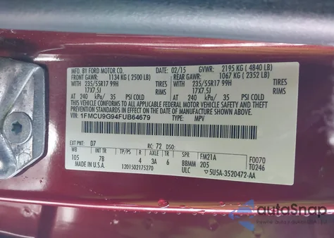 2015 Ford Escape Se z USA, uszkodzony, nr VIN 1FMCU9G94FUB64679